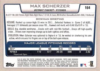 2012 Bowman - Silver Ice #164 Max Scherzer Back