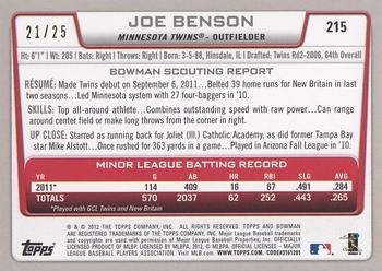 2012 Bowman - Silver Ice Red #215 Joe Benson Back