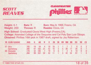 1989 Star Clearwater Phillies #18 Scott Reaves Back