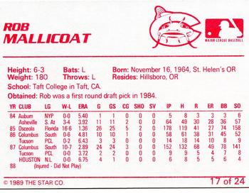 1989 Star Columbus Mudcats #17 Rob Mallicoat Back