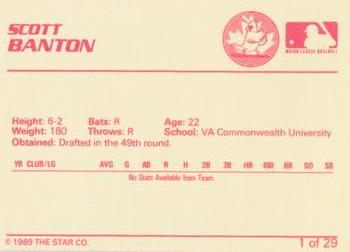 1989 Star Hamilton Redbirds #1 Scott Banton Back