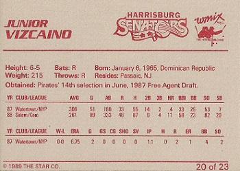 1989 Star Harrisburg Senators #20 Junior Vizcaino Back