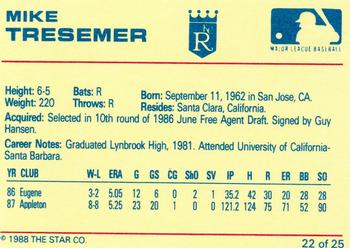 1988 Star Baseball City Royals #22 Mike Tresemer Back