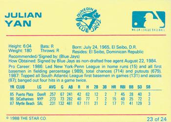 1988 Star Dunedin Blue Jays #23 Julian Yan Back
