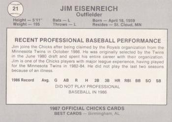 1987 Best Memphis Chicks #21 Jim Eisenreich Back
