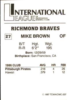 1987 TCMA Richmond Braves #27 Mike Brown Back