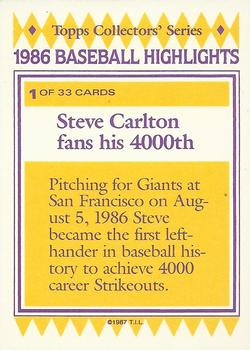 1987 Topps Woolworth Baseball Highlights #1 Steve Carlton Back