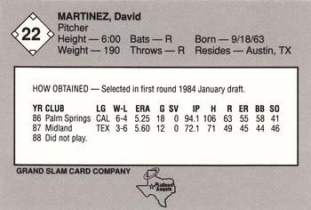 1989 Grand Slam Midland Angels #22 David Martinez Back