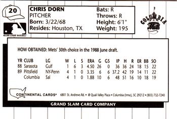 1990 Grand Slam Columbia Mets #20 Chris Dorn Back
