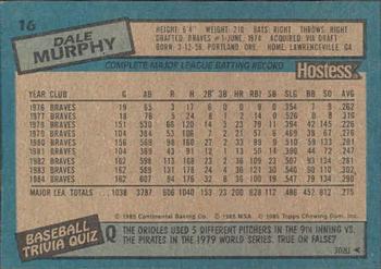 1985 Topps Hostess Atlanta Braves #16 Dale Murphy Back