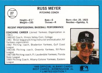 1989 Best Albany-Colonie Yankees - Platinum #27 Russ Meyer Back