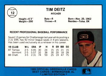 1989 Best Greenville Braves - Platinum #12 Tim Deitz Back