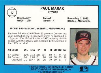 1989 Best Greenville Braves - Platinum #17 Paul Marak Back