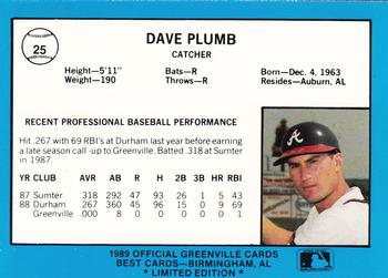 1989 Best Greenville Braves - Platinum #25 Dave Plumb Back