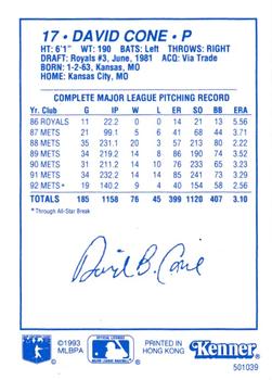 1993 Kenner Starting Lineup Cards #501039 David Cone Back