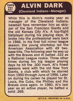 1968 Topps #237 Alvin Dark Back
