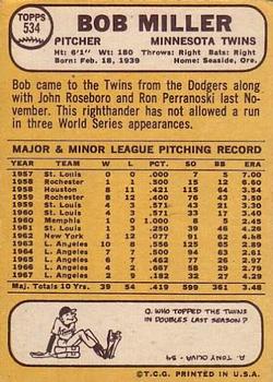 1968 Topps #534 Bob Miller Back