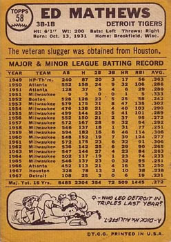 1968 Topps #58 Ed Mathews Back