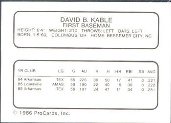 1986 ProCards Arkansas Travelers #9 Dave Kable Back