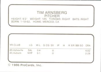 1986 ProCards Asheville Tourists #NNO Tim Arnsberg Back