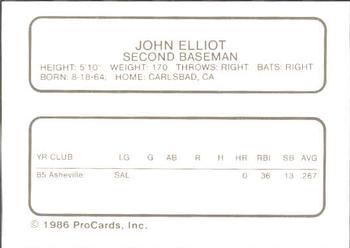 1986 ProCards Asheville Tourists #NNO John Elliott Back