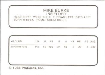 1986 ProCards Bakersfield Dodgers #NNO Mike Burke Back