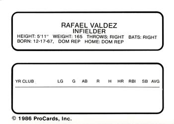 1986 ProCards Charleston Rainbows #27 Rafael Valdez Back