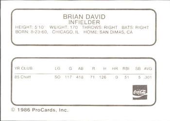 1986 ProCards Chattanooga Lookouts #8 Brian David Back