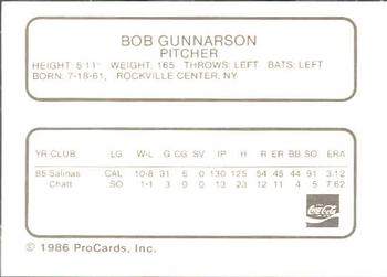 1986 ProCards Chattanooga Lookouts #10 Bob Gunnarson Back