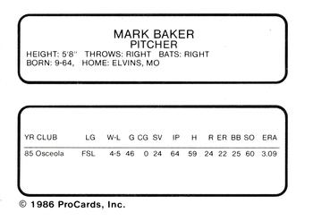 1986 ProCards Columbus Astros #NNO Mark Baker Back