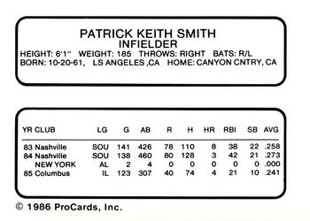 1986 ProCards Columbus Clippers #23 Keith Smith Back