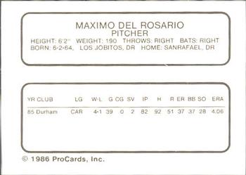 1986 ProCards Durham Bulls #8 Maximo Del Rosario Back