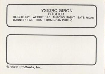 1986 ProCards Ft. Lauderdale Yankees #NNO Ysidro Giron Back