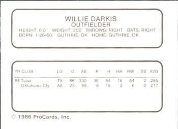 1986 ProCards Glens Falls Tigers #2 Willie Darkis Back