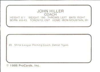 1986 ProCards Glens Falls Tigers #10 John Hiller Back