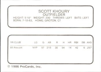 1986 ProCards Hagerstown Suns #8 Scott Khoury Back