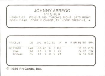 1986 ProCards Iowa Cubs #1 Johnny Abrego Back