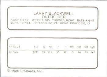 1986 ProCards Kenosha Twins #2 Larry Blackwell Back