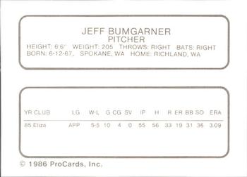 1986 ProCards Kenosha Twins #3 Jeff Bumgarner Back