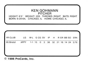 1986 ProCards Lakeland Tigers #NNO Ken Gohmann Back