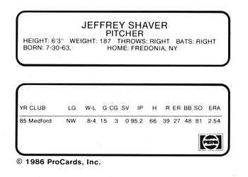 1986 ProCards Madison Muskies #21 Jeffrey Shaver Back