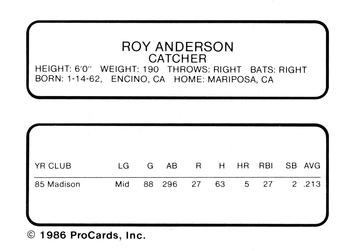 1986 ProCards Modesto A's #NNO Roy Anderson Back