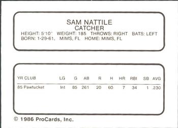 1986 ProCards New Britain Red Sox #NNO Sam Nattile Back