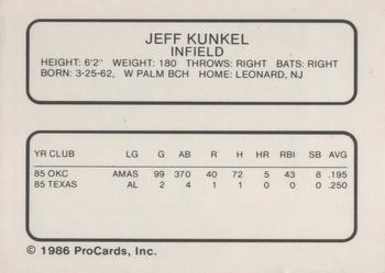 1986 ProCards Oklahoma City 89ers #9 Jeff Kunkel Back