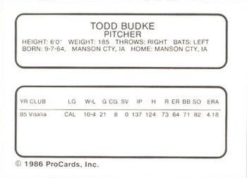 1986 ProCards Orlando Twins #3 Todd Budke Back