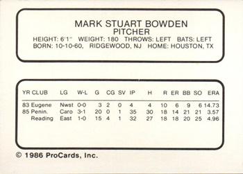 1986 ProCards Reading Phillies #3 Mark Bowden Back