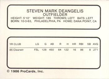 1986 ProCards Reading Phillies #7 Steve DeAngelis Back