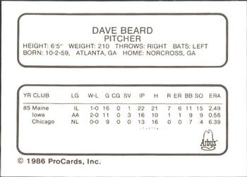 1986 ProCards Richmond Braves #2 Dave Beard Back