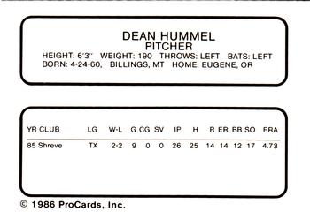 1986 ProCards Shreveport Captains #10 Dean Hummel Back