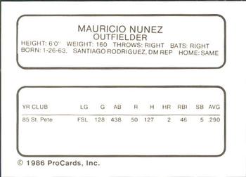 1986 ProCards St. Petersburg Cardinals #23 Mauricio Nunez Back